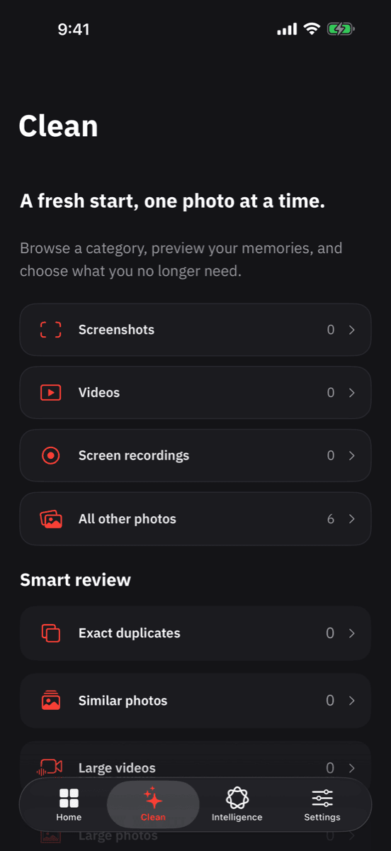 CleanX clean tab with categories and smart review groups