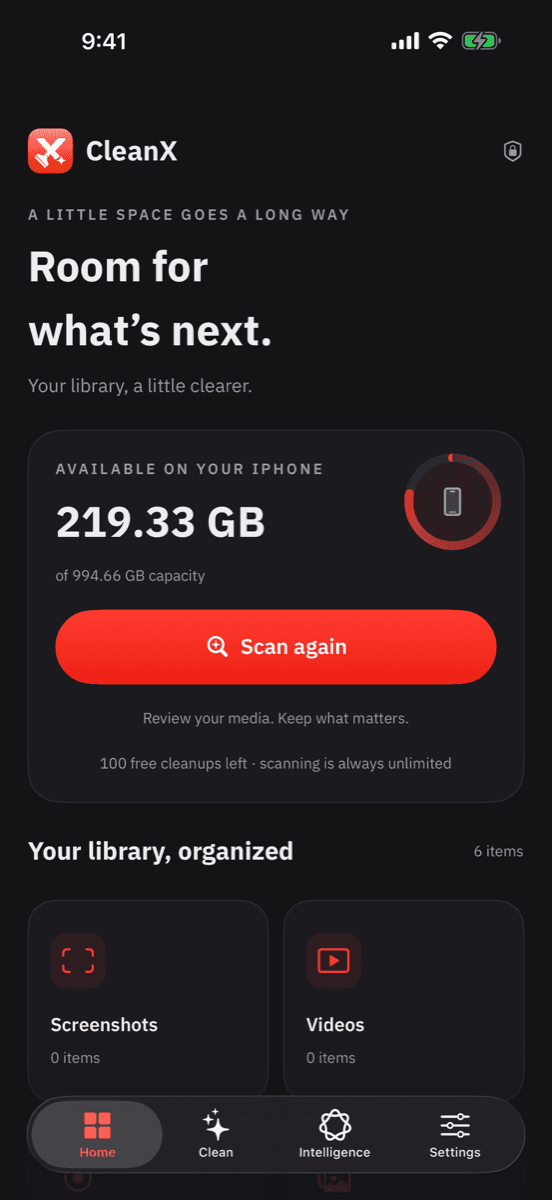 CleanX on iPhone showing reclaimable space and library categories