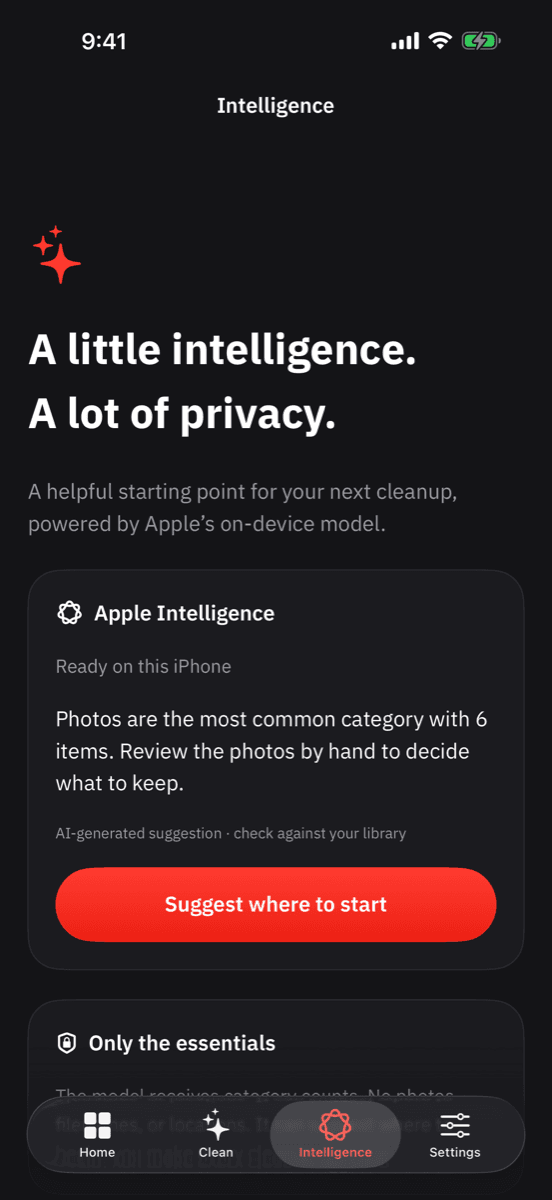 CleanX on-device suggestion powered by Apple Intelligence